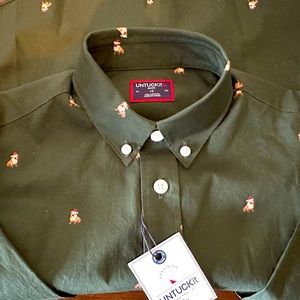 Untuckit Hunter Green Boys Button Down with Santa Bulldog BRAND NEW!!
